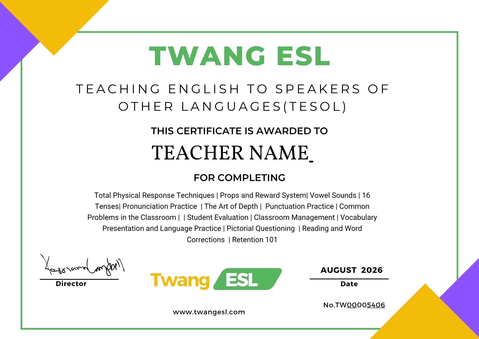 Example TwangESL TESOL training completion certificate